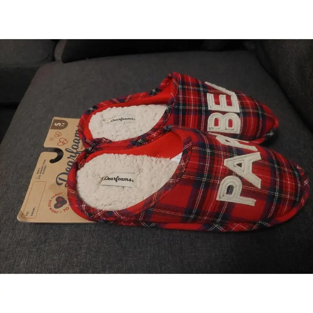DEARFOAMS~Men's Small (7-8)~Fire Brick Red PAPA BEAR Plaid Clog Slippers New